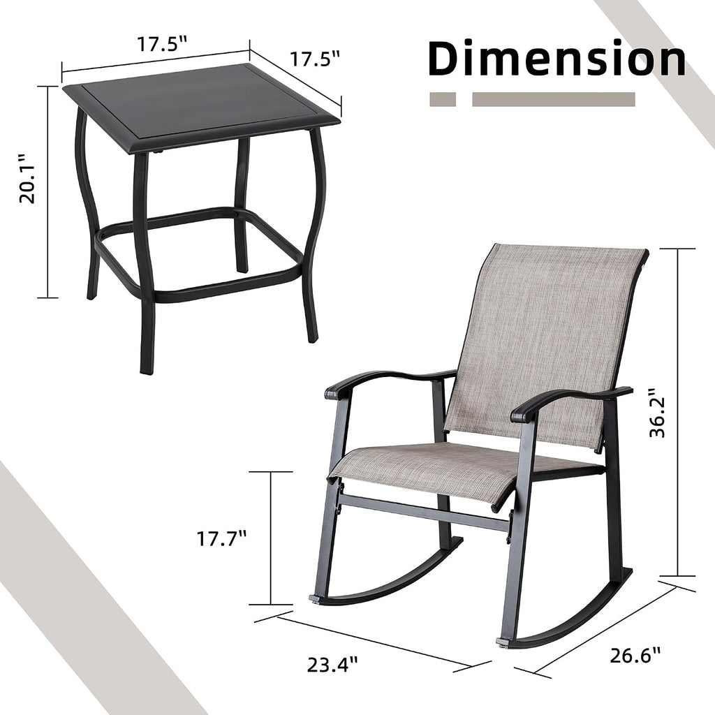 Vongrasig 3 Piece Outdoor Rocking Bistro Set, Textilene Fabric Small Patio Furniture Set, Front Porch Rocker Chairs Conversation Set with Glass Table for Lawn, Garden, Balcony, Poolside (Taupe)