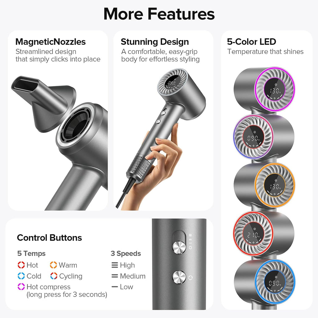 Hair Dryer, 150000 RPM Brushless Motor with 500M Negative Ions, Fast-Dry Lightweight Design, ThermoControl & Magnetic Nozzle/Diffuser, Low Noise Salon Blow Dryer for All Hair, Travel, Home