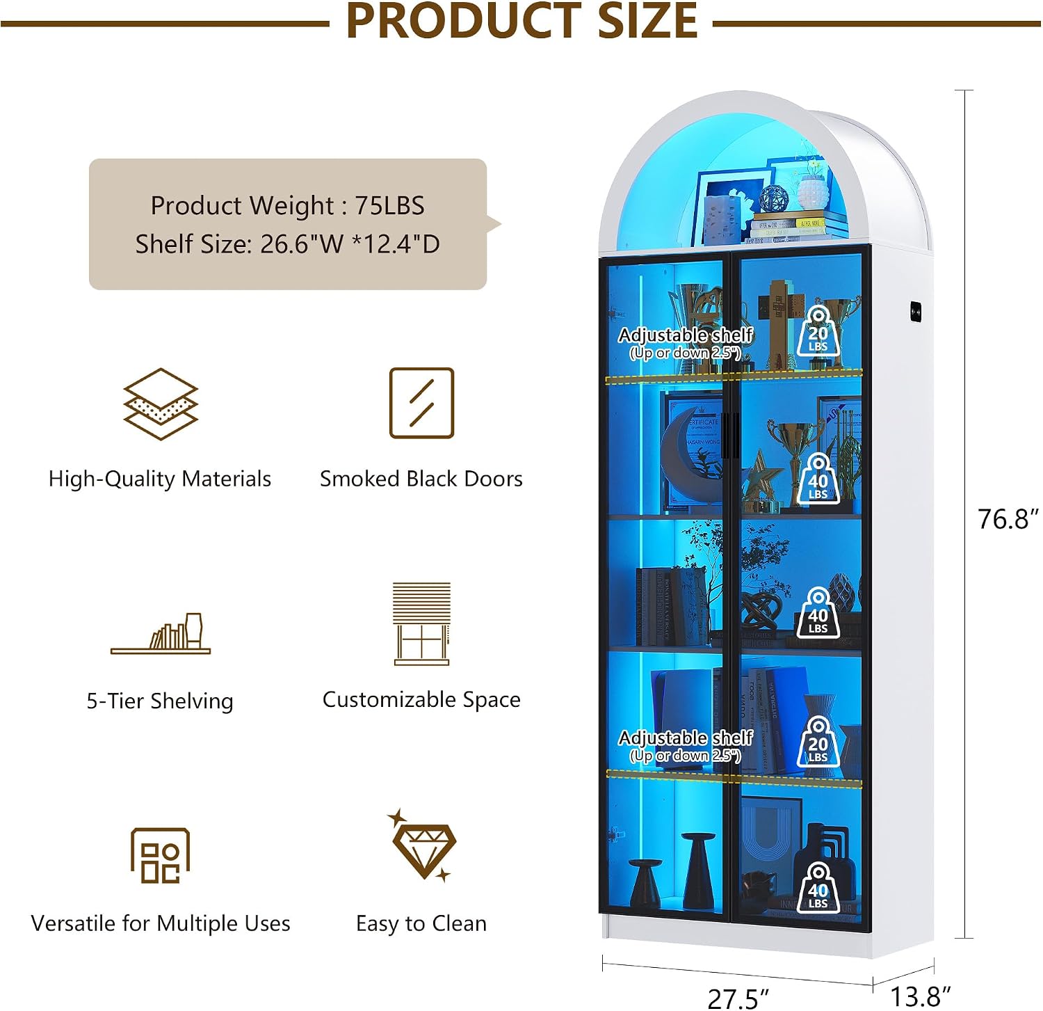 FREDEES Arched Display Cabinet with Doors, 76' Tall Curio Cabinet with Adjustable Shelves/3 Colors LED Lights, 6 Tier Display Case for Collectibles, White
