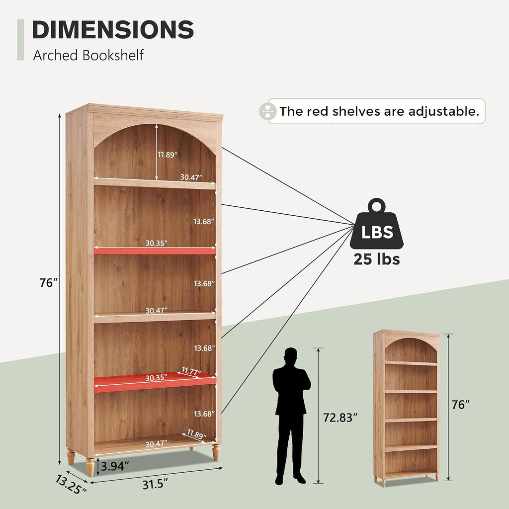 IFGET 76' Tall Arched Bookcase, Farmhouse 5 Tiers Large Arched Bookshelf Cabinet with Adjustable Shelves, Modern Wooden Book Shelf w/Storage and Open Display Shelves for Living Room, Office-Natural