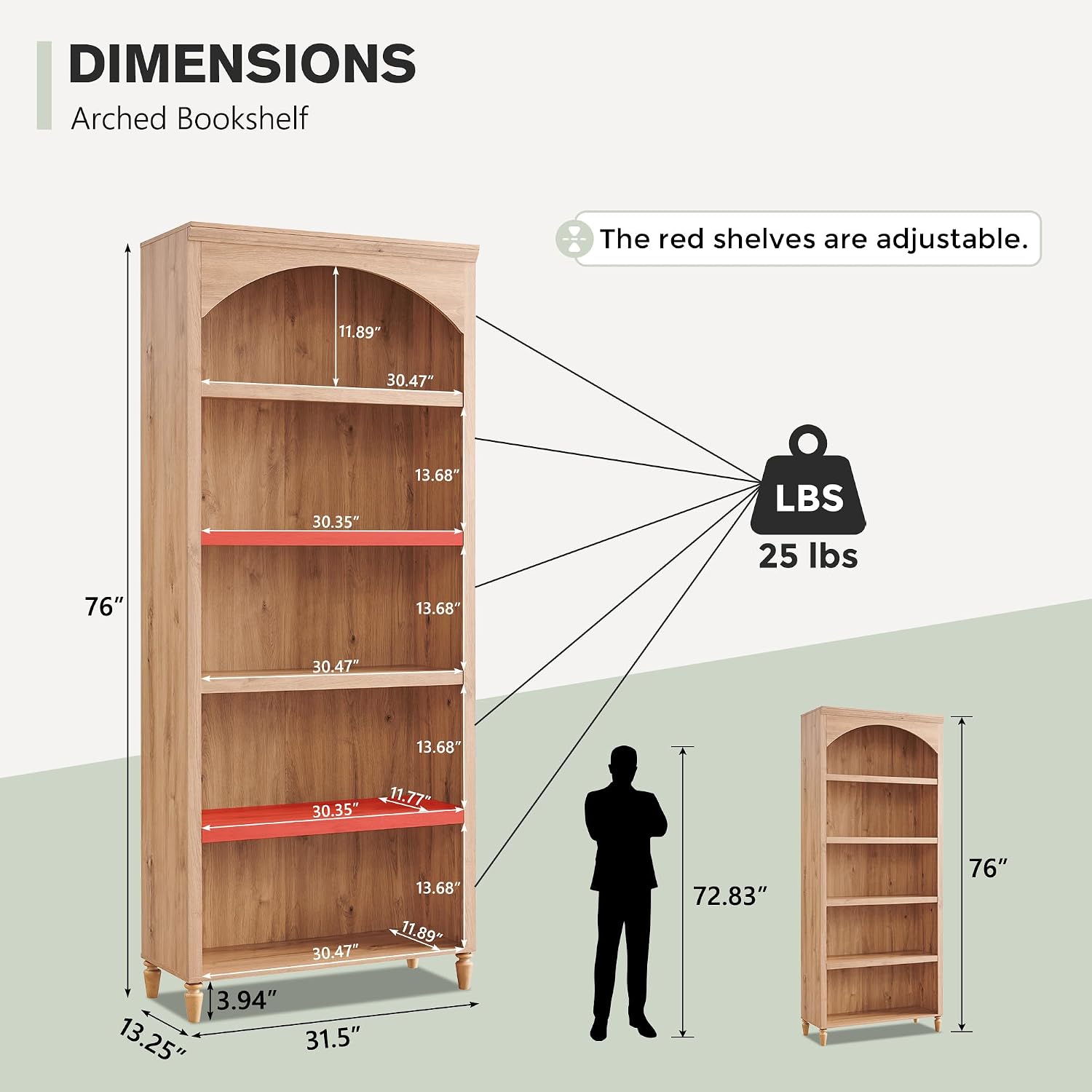IFGET 76' Tall Arched Bookcase, Farmhouse 5 Tiers Large Arched Bookshelf Cabinet with Adjustable Shelves, Modern Wooden Book Shelf w/Storage and Open Display Shelves for Living Room, Office-Natural