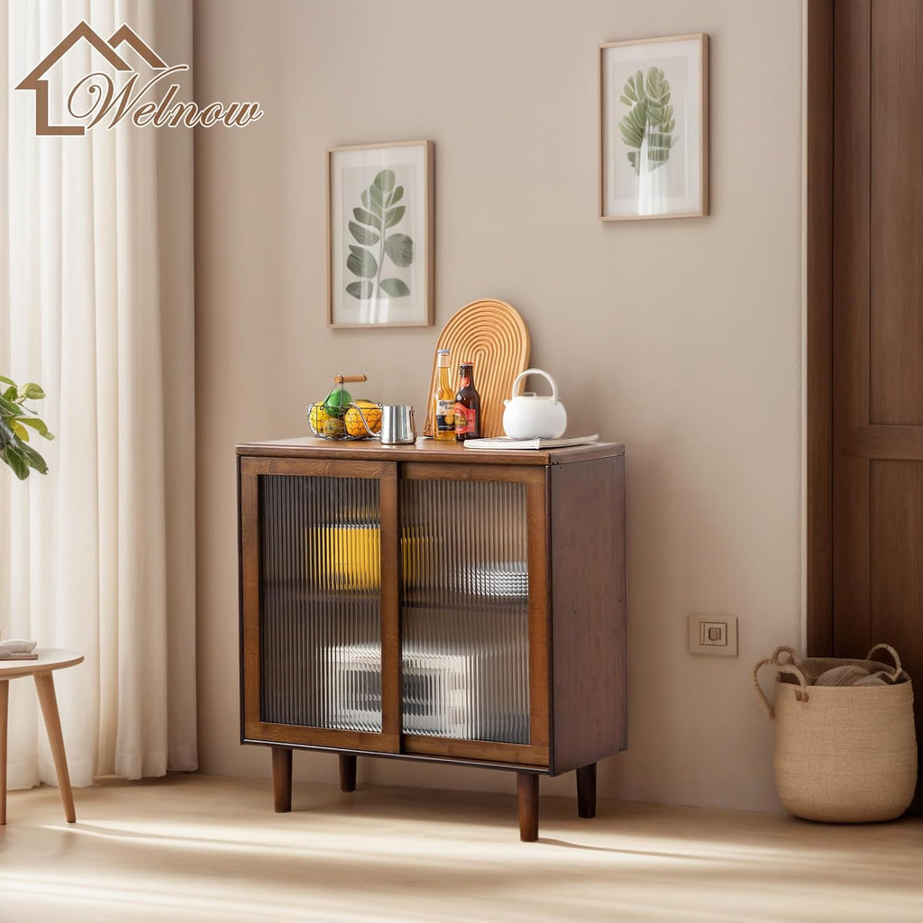 Welnow Buffet Cabinet, Bamboo Sideboard with Storage Kitchen Display Cabinet with 2-Tier Shelves Boho Coffee Bar Tables for Kitchen, Living Room, Entryway, Office, Walnut