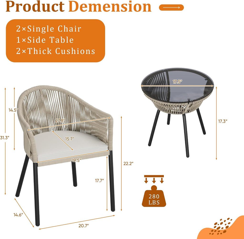 Devoko Patio Furniture Set 3 Pieces Rope Woven Bistro Set Outdoor Conversation Set with 2 Wide Chairs,Cushions and Tempered Glass Table for Balcony Porch Backyard Garden Poolside