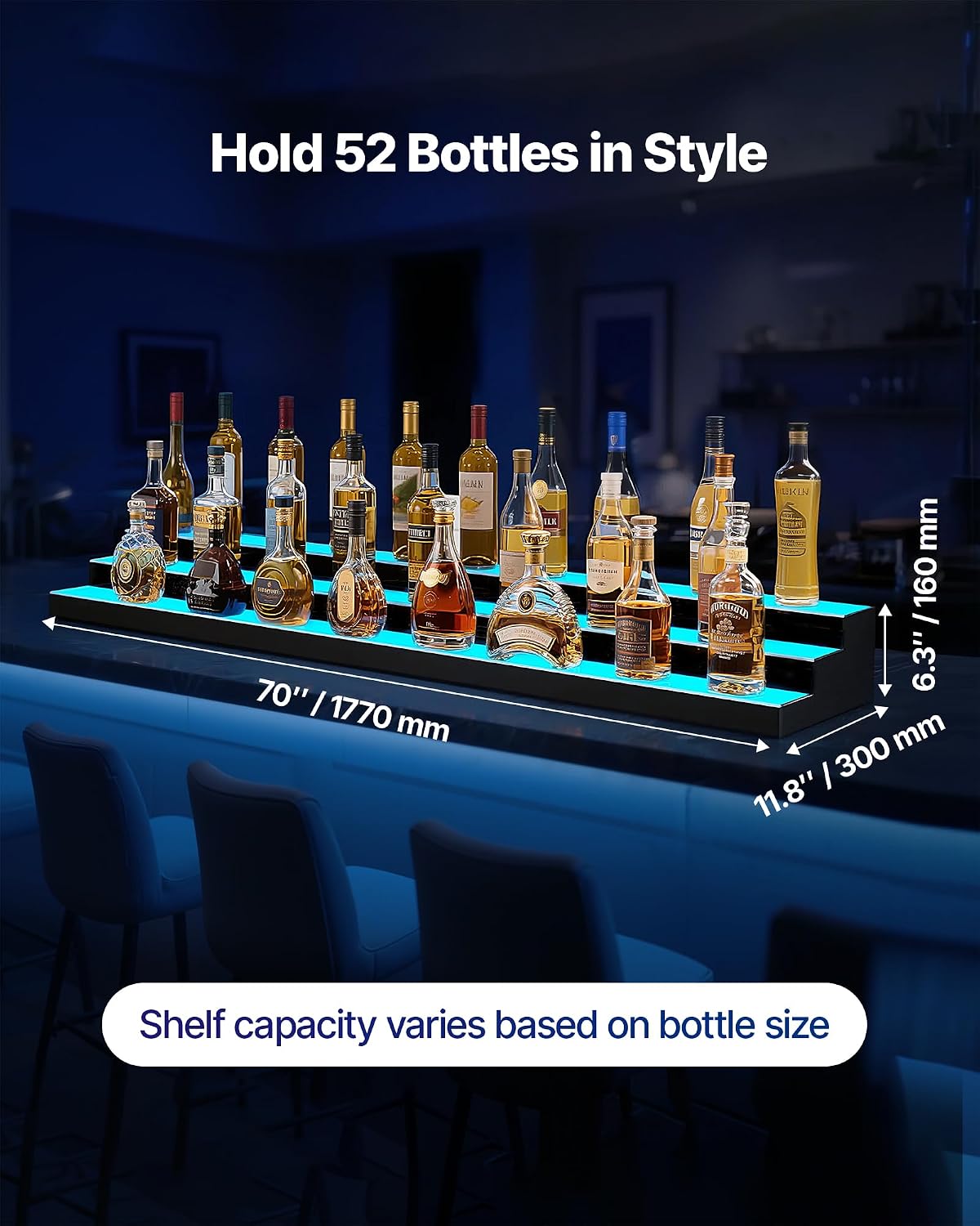 VEVOR LED Lighted Liquor Bottle Display, 3 Tier 70 Inch, Illuminated Home Bar Shelf with RF Remote & App Control, 7 Static Colors, Acrylic Lighted Whiskey Shelf for 52 Bottles, Powered by Adapter Only