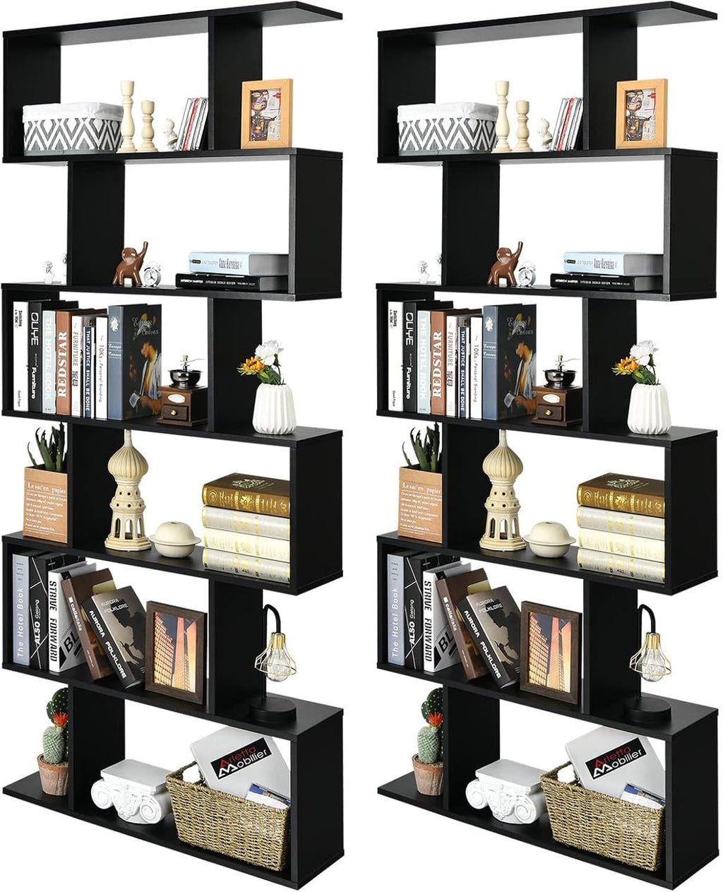 Giantex Geometric Bookcase Set of 2, S-Shaped Wooden Bookshelf, 6-Tier Modern Freestanding Decorative Storage Display Shelves for Bedroom, Living Room (2, Black)