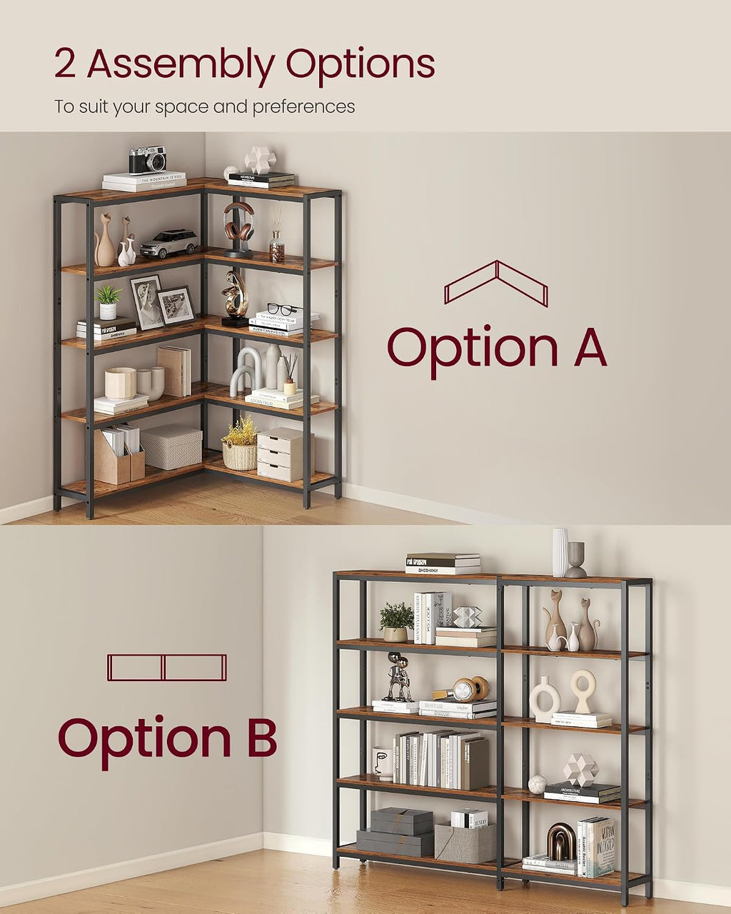 VASAGLE 5 Tier Bookshelf with Metal Frame, Convertible Industrial Corner Shelf, 9.4 x 52.8 x 55.9 Inches, for Living Room, Bedroom, Home Office, Rustic Brown and Ink Black ULLS815KD01