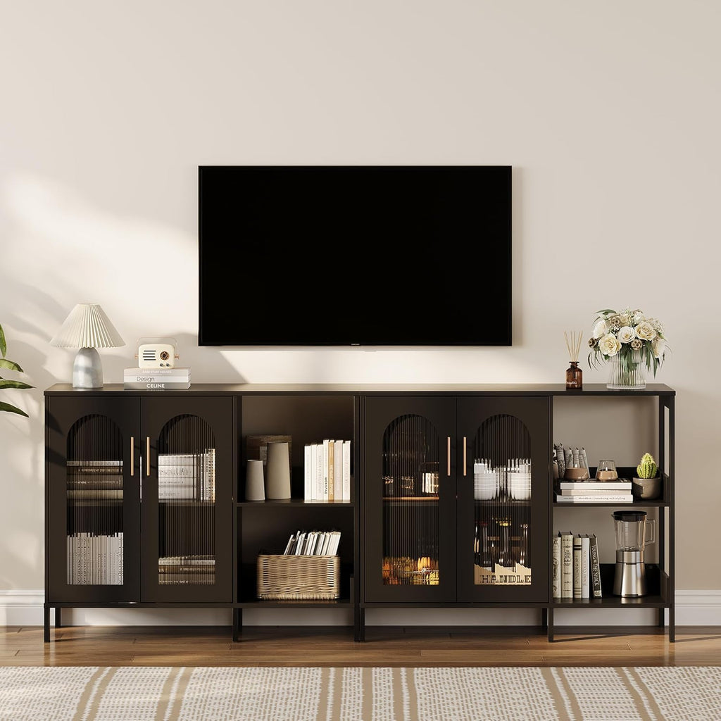 GarveeLife Modern Black Sideboard with Glass Doors, Featuring Adjustable Interior Shelves and Sleek Metal Handles, Versatile Storage Cabinet for Dining Room or Kitchen Display