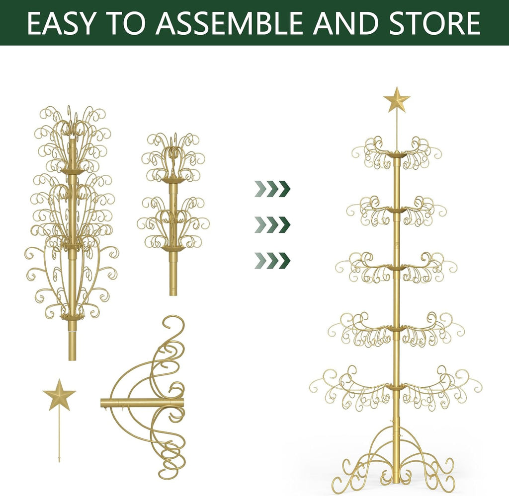 SUNYRISY 2Pack 6Ft Metal Ornament Display Stand Wrought Iron Christmas Tree with Wire Hanging Hooks for Holiday Christmas Halloween Balls Decoration Gift, Gold