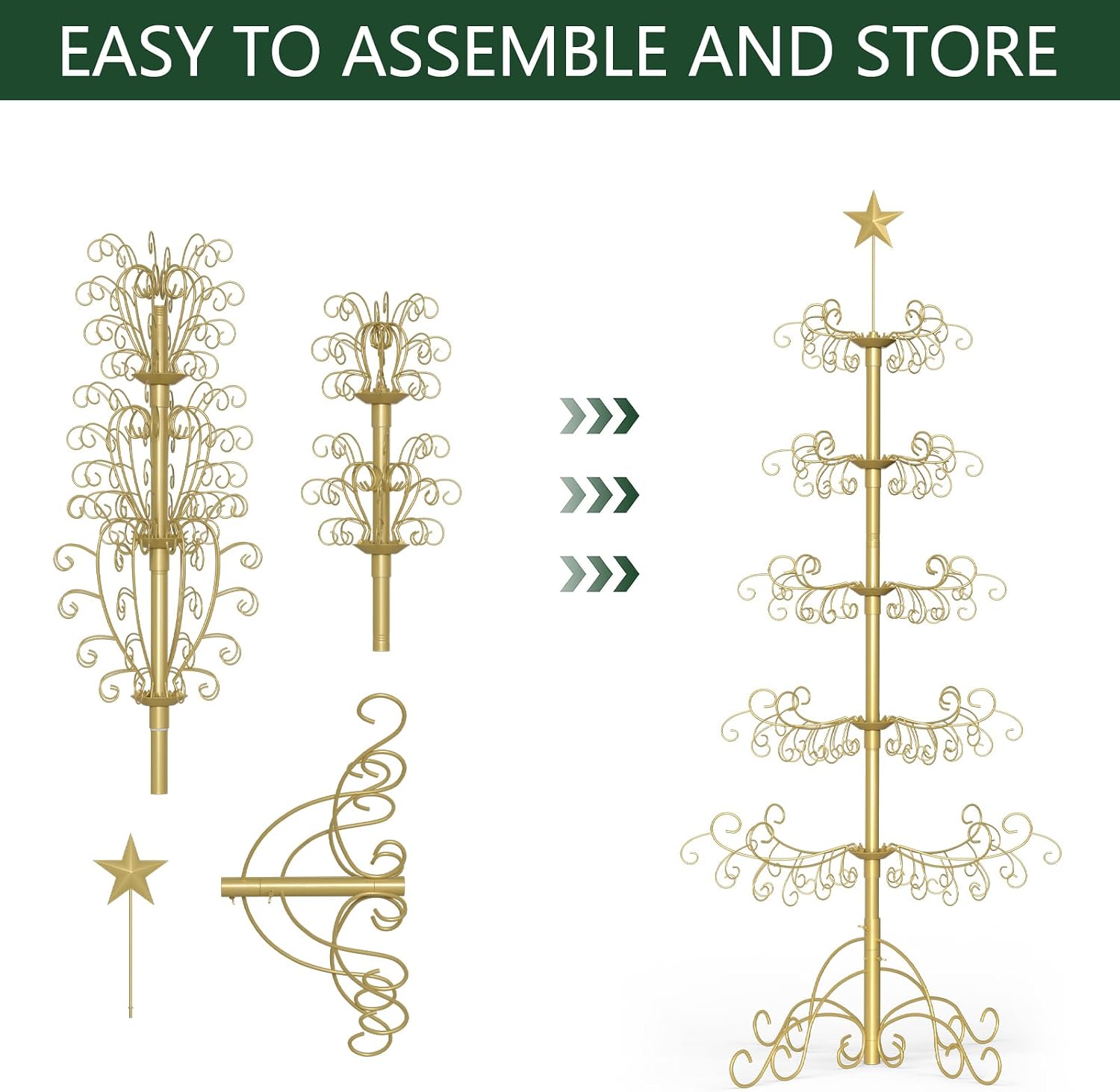 SUNYRISY 2Pack 6Ft Metal Ornament Display Stand Wrought Iron Christmas Tree with Wire Hanging Hooks for Holiday Christmas Halloween Balls Decoration Gift, Gold