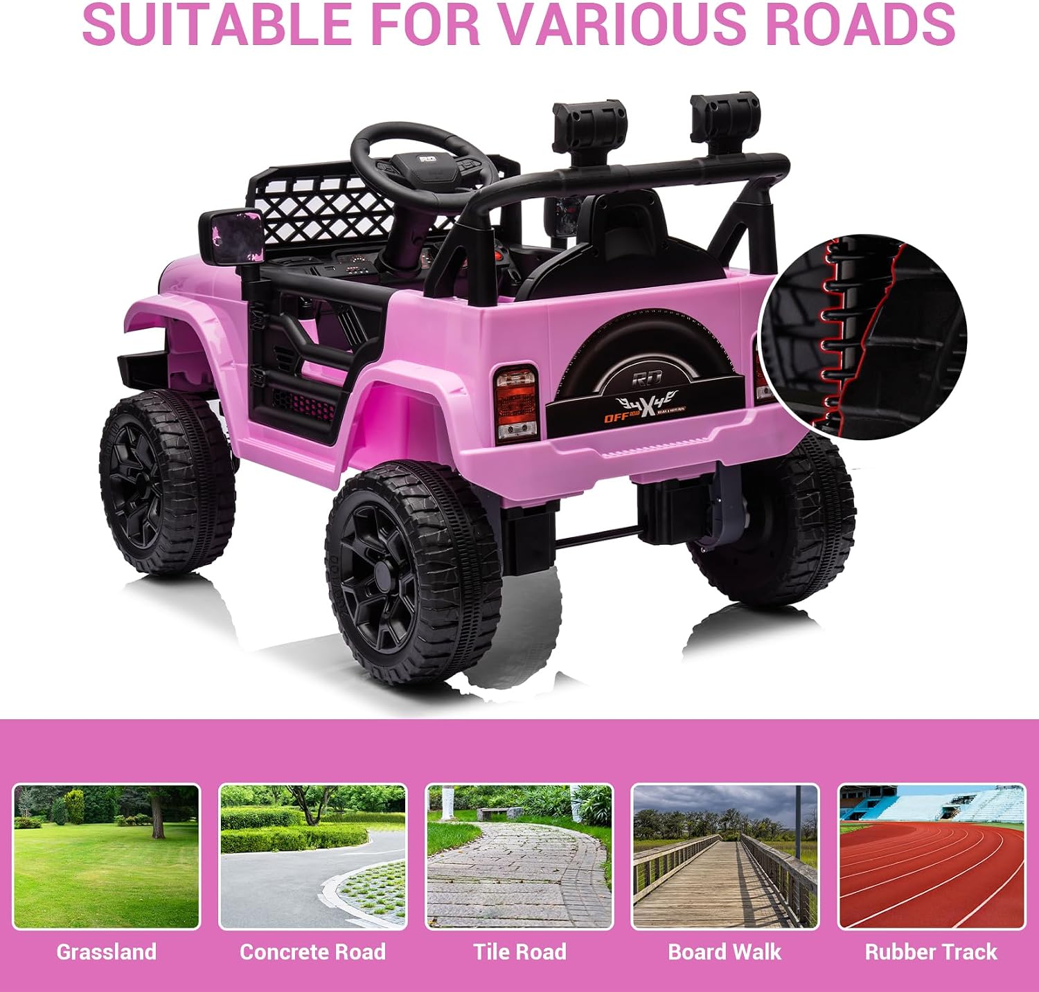 12V Ride On Car for Kids Electric Vehicle Toddlers Battery Powered Truck Car Toy with Remote Control, 4-Wheel Suspension, Battery Display, LED Lights, Music, for Boys Girls, Pink