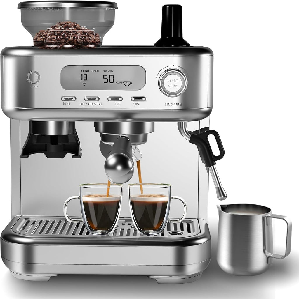 CABIHOME Semi-Automatic Espresso Machine with Built-in Grinder, Stainless Steel, Digital Display, 78 oz Removable Tank, make cappuccino and latte, Steam Milk Frother (Starry Grey)