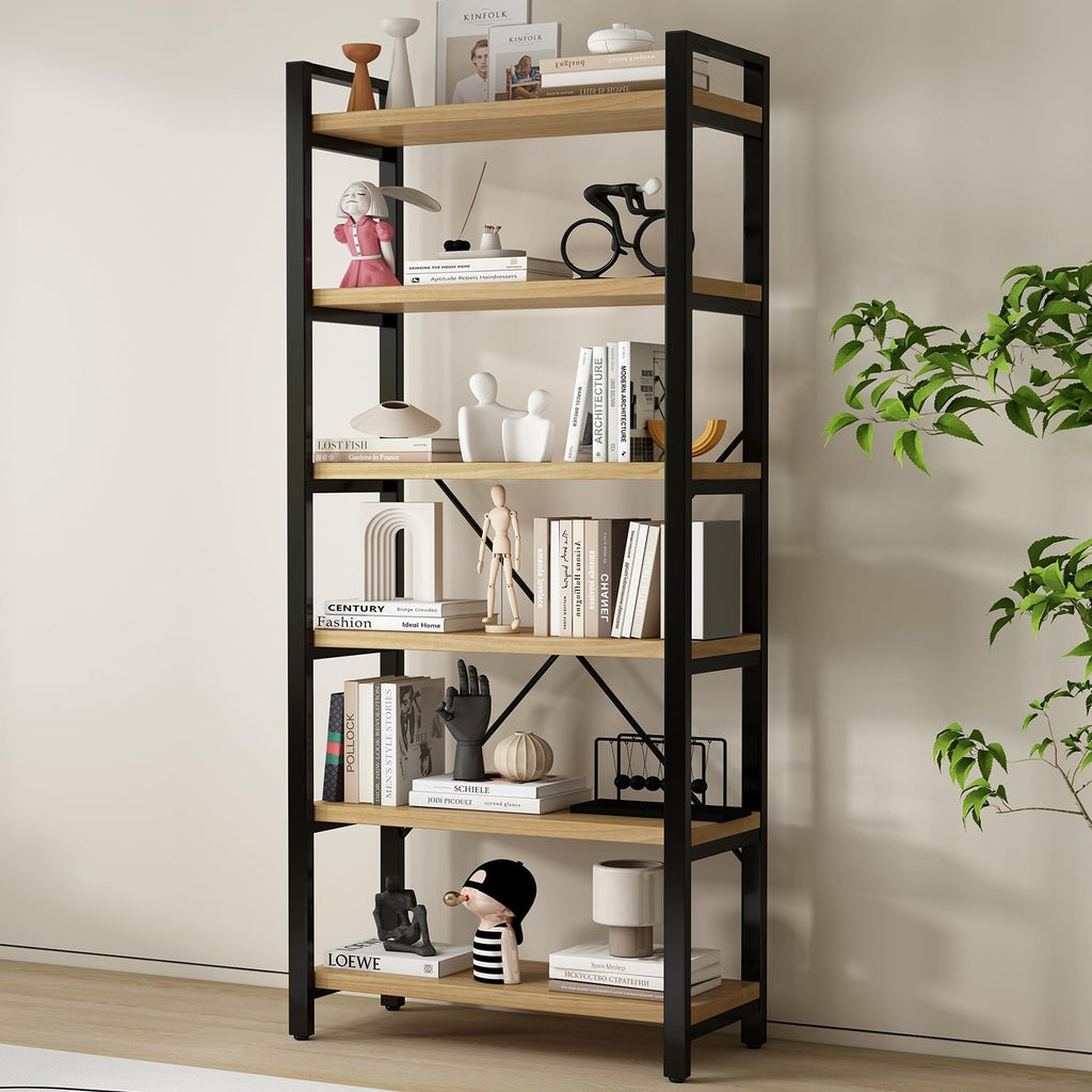 WH-AOERPUMY Real Solid Wood Rustic Vintage Industrial Etagere Bookshelf, Metal & Timber Free Vintage Bookcase, Retro Brown (Genuine Timber) (6-Tiers-Natural Finish)