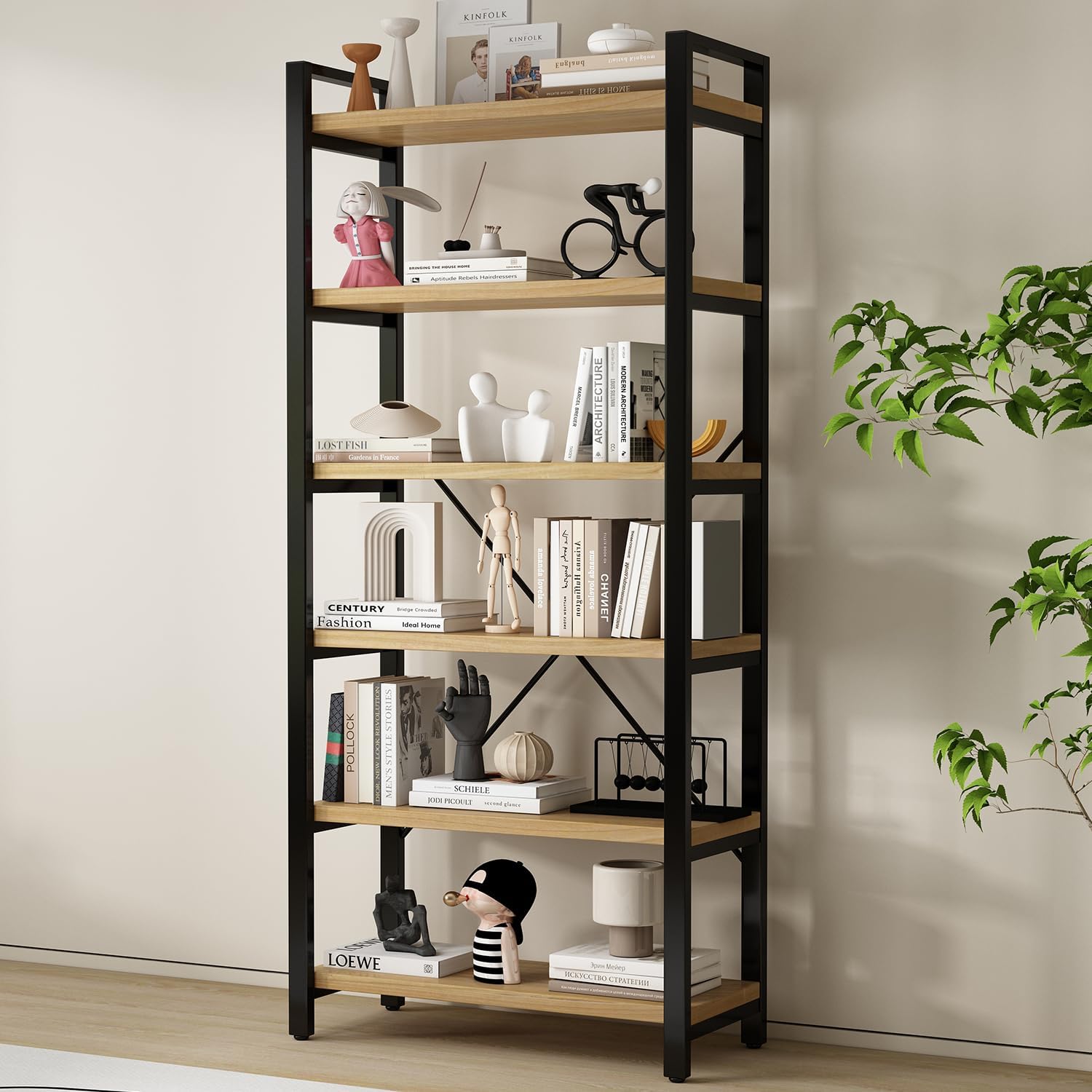 WH-AOERPUMY Real Solid Wood Rustic Vintage Industrial Etagere Bookshelf, Metal & Timber Free Vintage Bookcase, Retro Brown (Genuine Timber) (6-Tiers-Natural Finish)