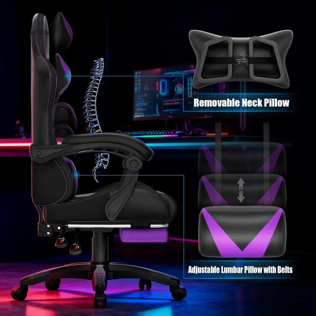 Czlolo RGB LED Lights Gaming Chair with Footrest for Adults and Kids, Lumbar Support Massager Video Game Chair, High Back Reclining Gamer Chair with Headrest, Swivel Office Computer Desk Chair(Purple)