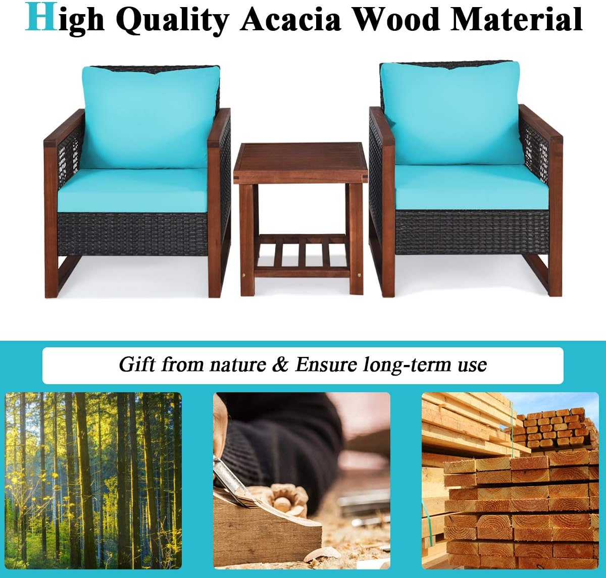 Tangkula 3 Pieces Patio Wicker Furniture Set, Rattan Outdoor Sofa Set w/Washable Cushion & Acacia Wood Coffee Table, Conversation Bistro Set for Garden Balcony Backyard (Turquoise)