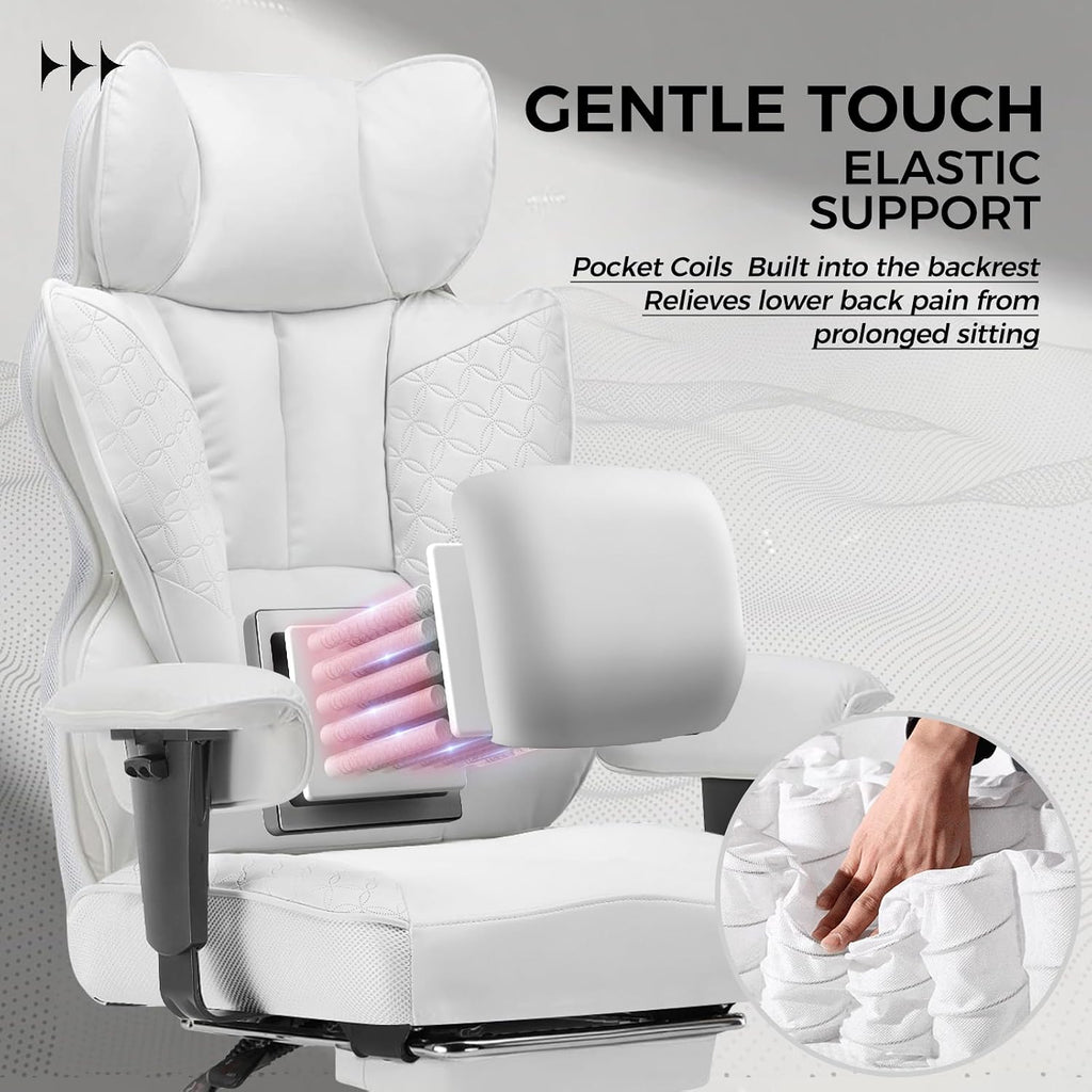 GTPLAYER Big and Tall Gaming Chair 400lbs Heavy Duty Office Chair with Foot Rest & Ergonomic Pocket Spring Lumbar Support, High Back Executive Computer Desk Chair for Lower Back Pain Relief, White