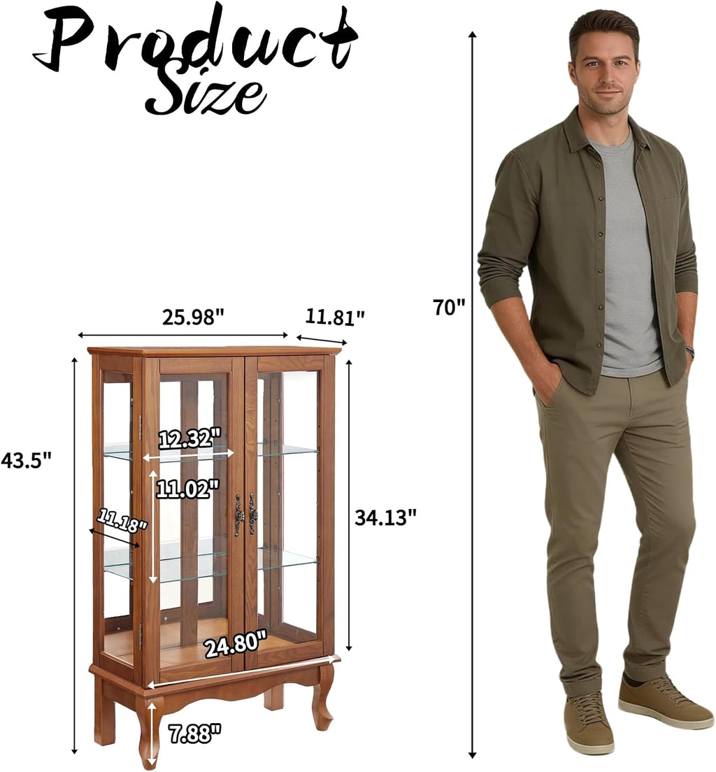 43' H Lighted Display Curio Cabinet, 3-Tier Glass Accent Storage Cabinet Curio Showcase w/ 2 Doors & Adjustable Shelves, Wine Artwork Storage Rack w/Mirrored Back Panel for Living Room (Oak)