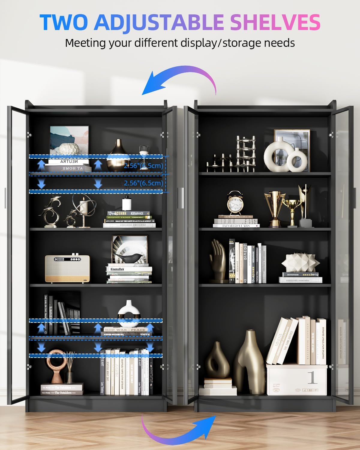 FREDEES Display Cabinet with Glass Doors, 5-Tier Curio Cabinet with Motion Sensor RGB Lights, 65' Tall Glass Display Case with Adjustable Shelves for Collectibles, Figures, Books, Black