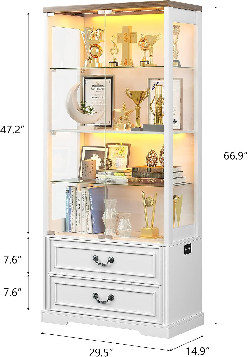 FREDEES Display Cabinet with Glass Doors,67' Adjustable Display Shelf with 2 Drawers and 4 Tier Curio Cabinet,Tall Bookcase with 3 Color Lights and Human Body Sensor for Toys,Books（White）