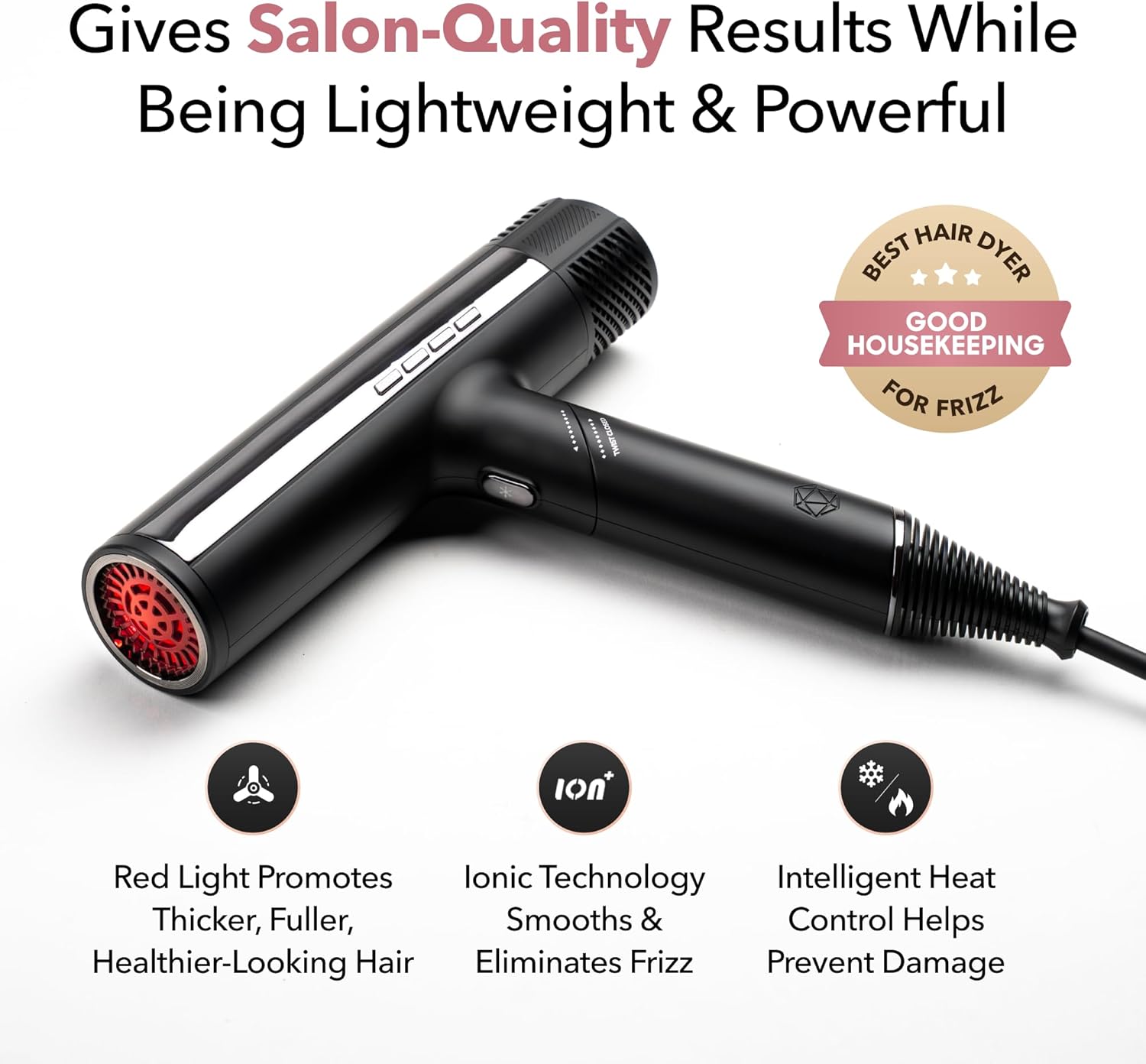 SRILabs DryQ 'Smart' Hair Dryer - Super Lightweight, Foldable - Powerful, Quiet Motor - Infrared and Ionic Technology - 3 Magnetic Attachments - Heat Control with Locking Switch