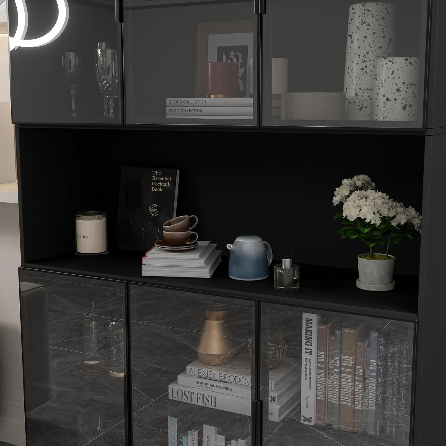 Mekminop Glass Doors Display Cabinet with Lights and Shelves, Storage Cabinets Morden Bookcase Trophy Case Display Cabinet with Hutch for Collectibles - Black (47.2 'W x 16.5 'D x 78.7 'H)