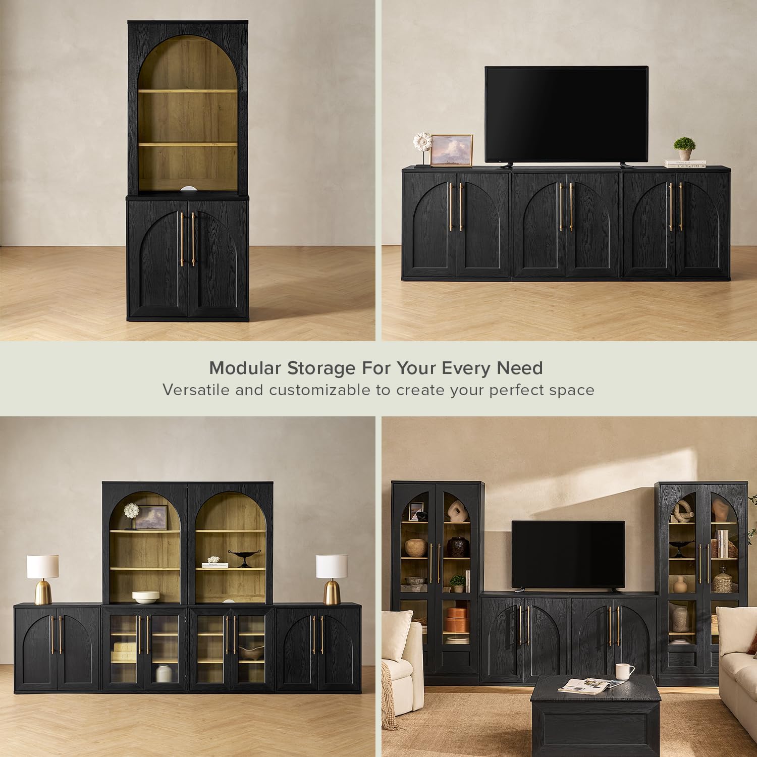 mopio Blake Storage Cabinet, Small Modular Accent Display Sideboard Buffet Cabinet with Storage, Media Console Credenza, for Kitchen, Coffee Bar, Pantry, Living Room (Black Oak Arched, Set of 2)