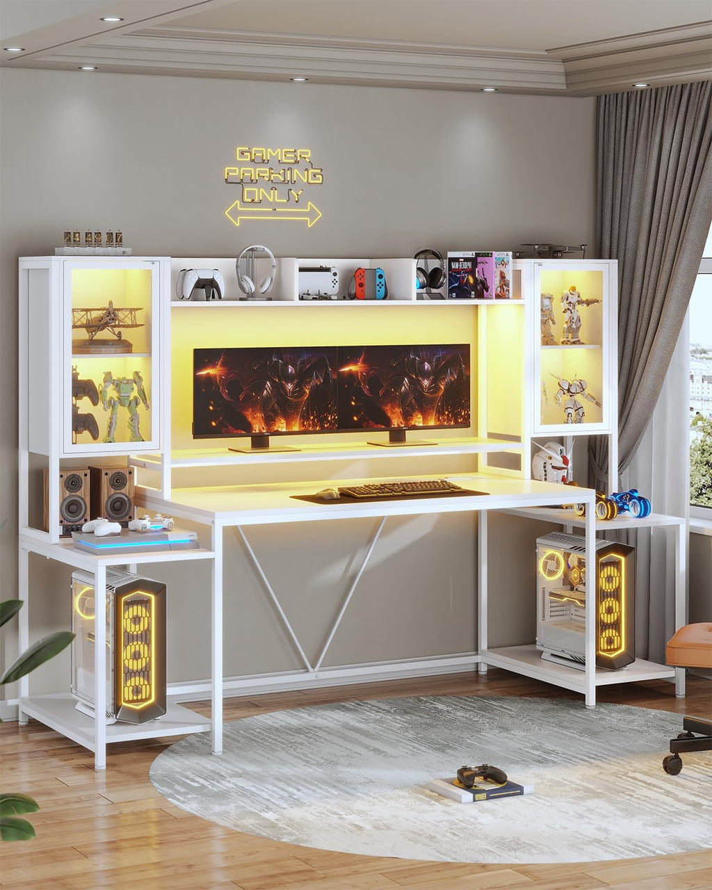 SEDETA Gaming Desk 74.8'' with LED Lights, Hutch and Storage Shelves, Computer Desk with Monitor Stand, Large PC Gamer Desk Workstation, Ergonomic Gaming Table for Bedroom, Living Room, White