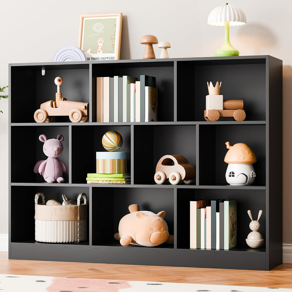 Cozy Castle Black Bookshelf, 3-Tier Open Shelf Bookcase, 10 Cube Storage Organizer with Anti-Tilt Device, Freestanding Horizontal Bookshelf Cube Shelf for Bedroom, Living Room, Office