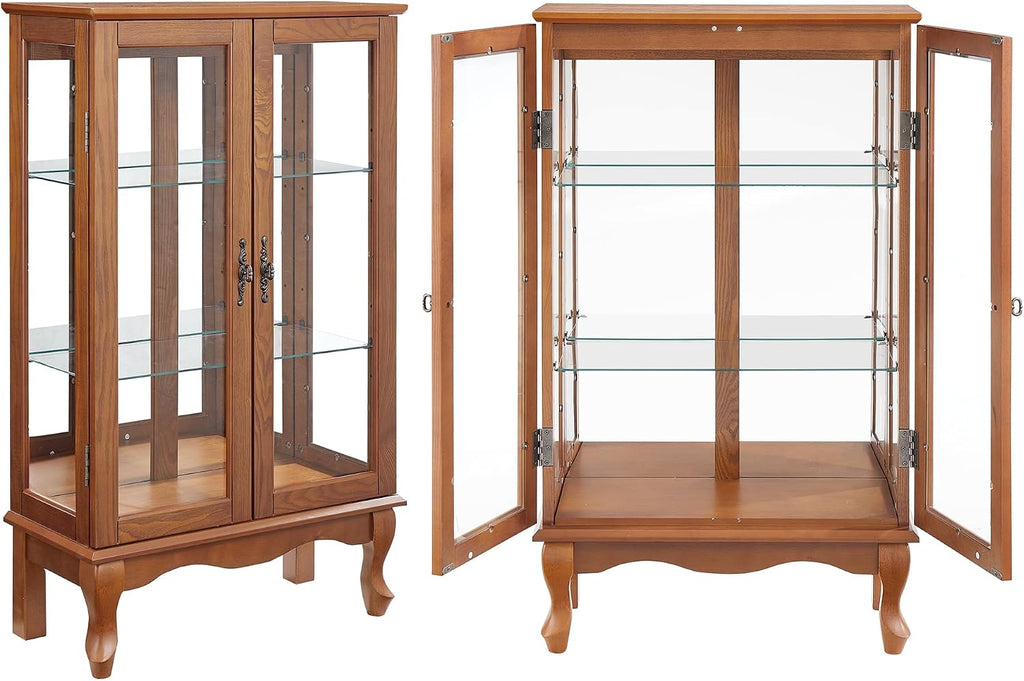 43' H Lighted Display Curio Cabinet, 3-Tier Glass Accent Storage Cabinet Curio Showcase w/ 2 Doors & Adjustable Shelves, Wine Artwork Storage Rack w/Mirrored Back Panel for Living Room (Oak)