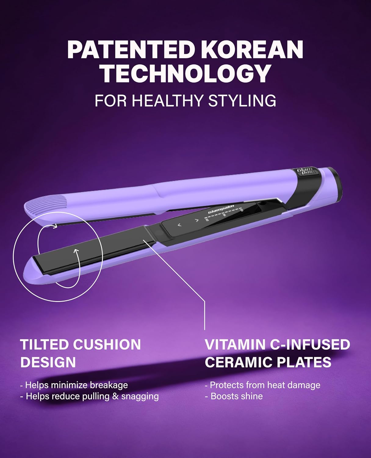 GLAMPALM GlamMuse 1' | All-Ceramic Flat Iron Infused with Vita-C, Salon Results with Less Heat Damage, Trusted by K-Pop Hair Stylists, Dual Voltage Hair Straightener, Silk Press | GP201T