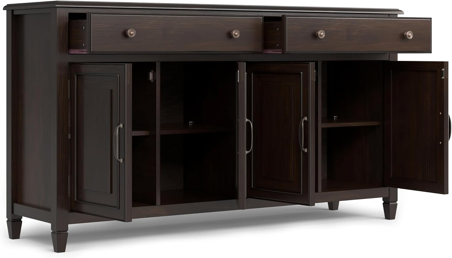 SIMPLIHOME Connaught Buffet - 67 inch Wide Solid Wood 4 Door Sideboard Cabinet in Dark Chestnut Brown, Traditional Dining Room Storage for Kitchen or Living Room with 2 Drawers and Adjustable Shelves