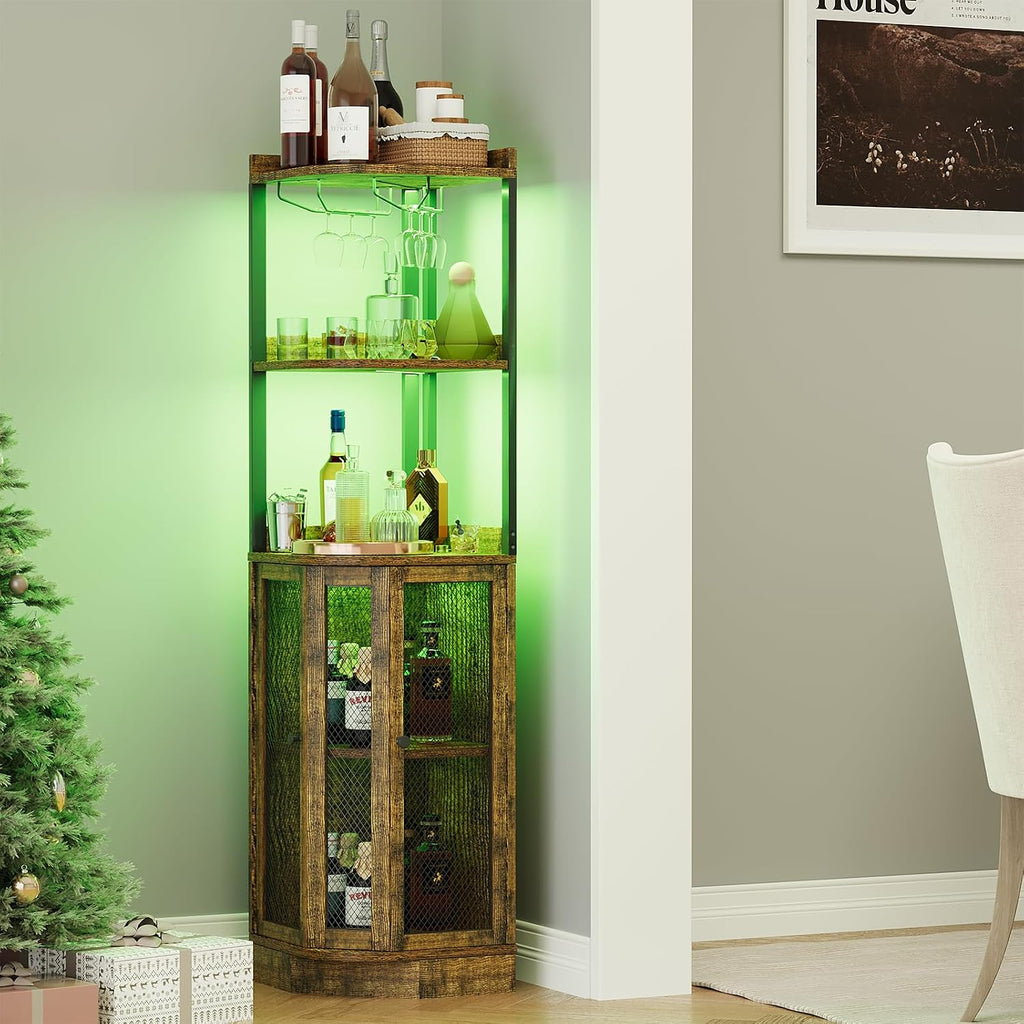 EOYUTLLY Corner Bar Cabinet with Power Outlet and LED Strip, 65' H 5-Tier Corner Liquor Wine Display Cabinet for Home, Storage Solution for Living Room, Kitchen, Home Bar, Brown