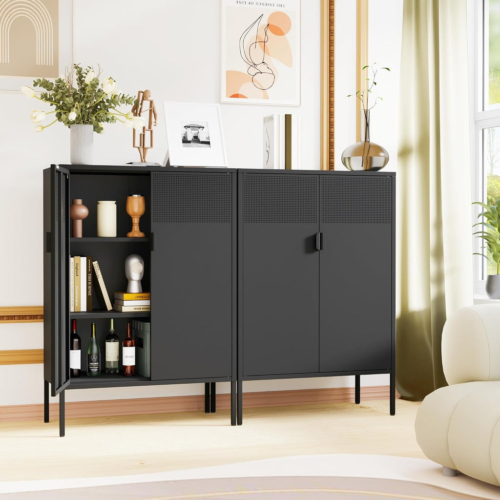 Chshin Metal Storage Cabinet,Kitchen Pantry Storage Cabinets with Doors,Buffet Cabinet with 2 Adjustable Shelves,Black Pantry Cabinets,Steel Sideboard for Home,Shoes,Office,Dining Room