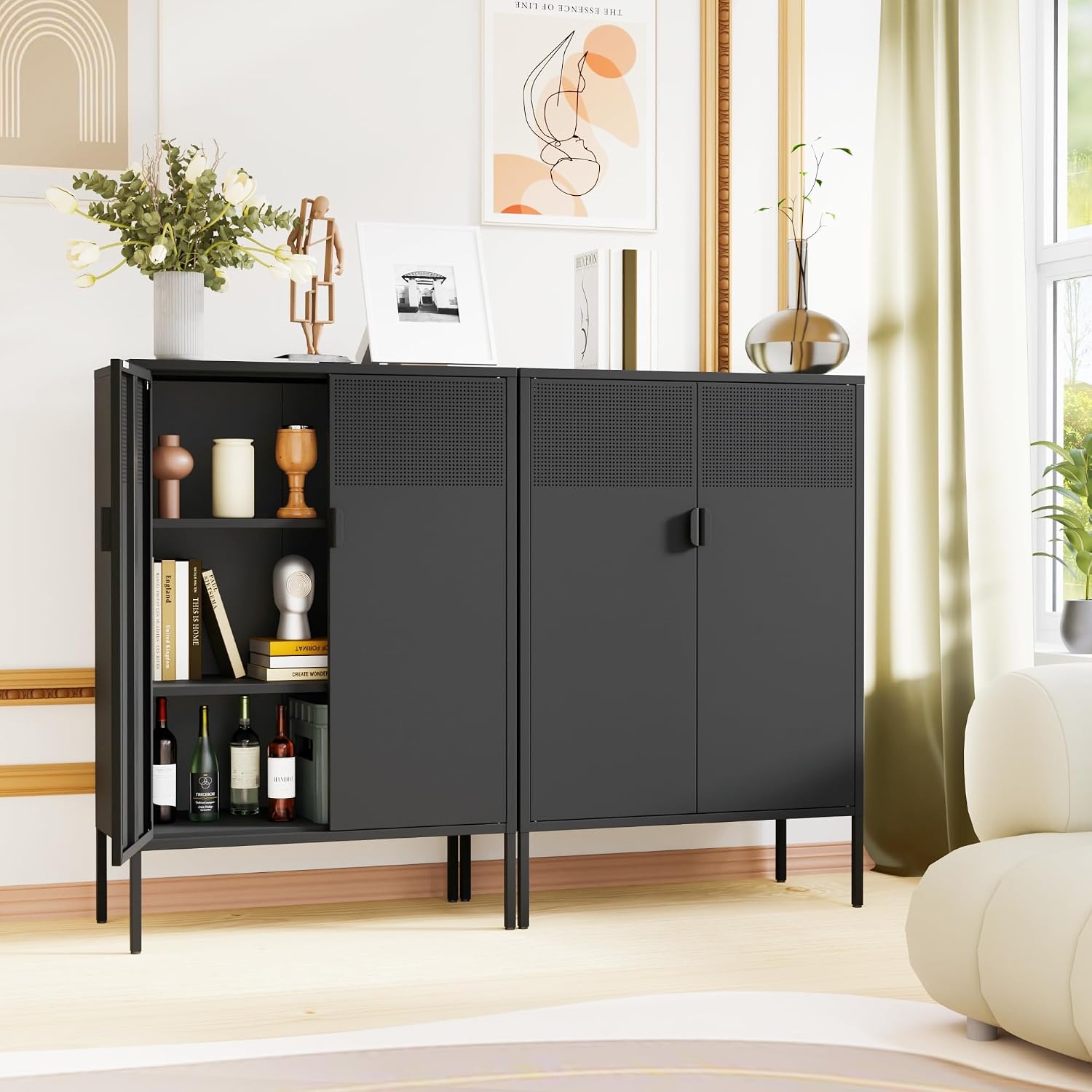 Chshin Metal Storage Cabinet,Kitchen Pantry Storage Cabinets with Doors,Buffet Cabinet with 2 Adjustable Shelves,Black Pantry Cabinets,Steel Sideboard for Home,Shoes,Office,Dining Room