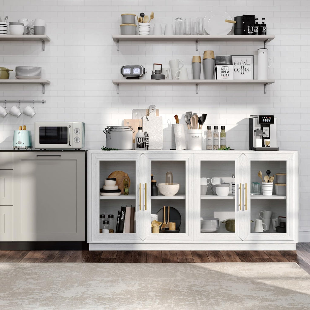 NEWOWNDS Buffet Cabinet with Storage,63' Large Sideboard,Kitchen Storage with 4 Glass Doors, Modern Glass Display Cabinet,Entryway Table for Dining Room,White