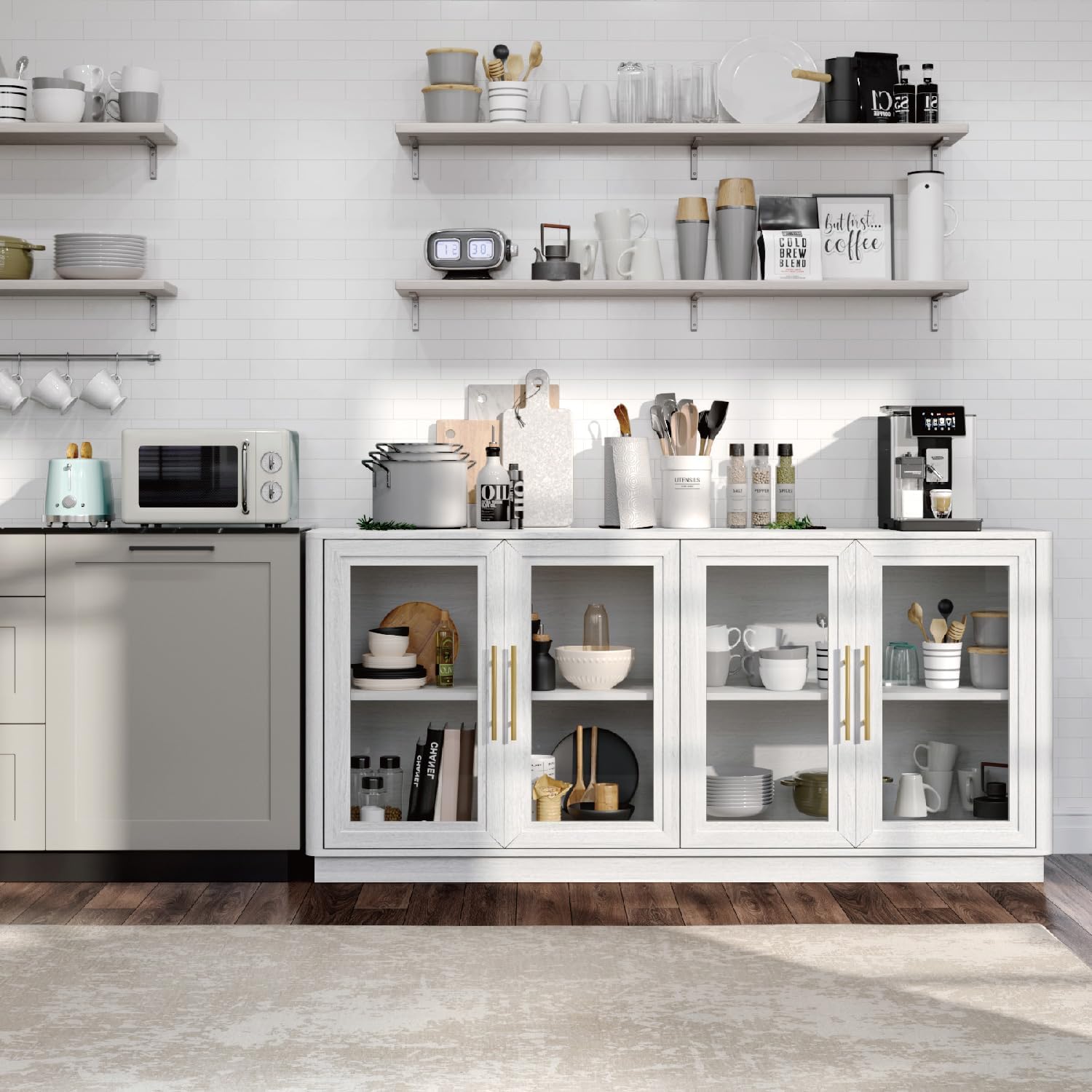 NEWOWNDS Buffet Cabinet with Storage,63' Large Sideboard,Kitchen Storage with 4 Glass Doors, Modern Glass Display Cabinet,Entryway Table for Dining Room,White