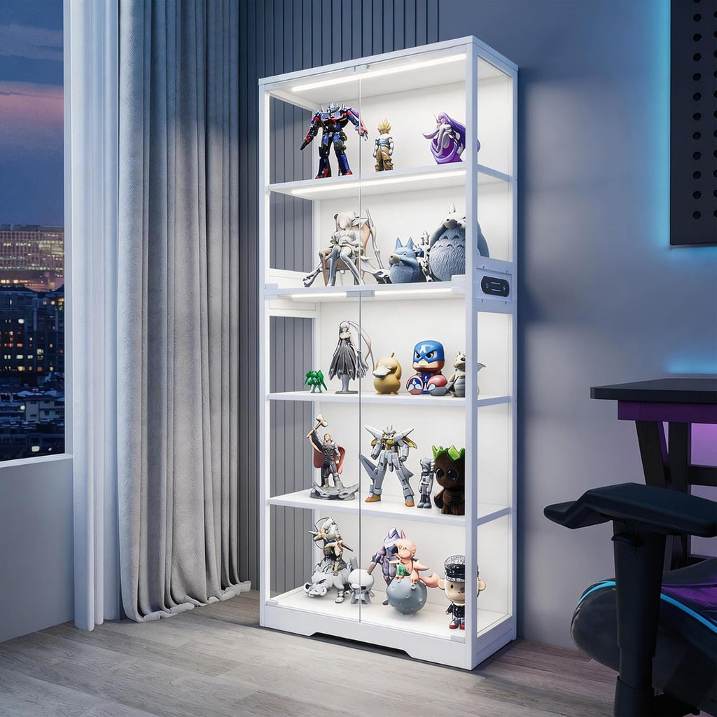 Glass Display Cabinet, 5-Tier Curio Cabinet with Glass Doors, Dimming LED Lights & Motion Sensor, for Collectible Figures, Living Room, Bedroom, or Office (Iron Frame White)