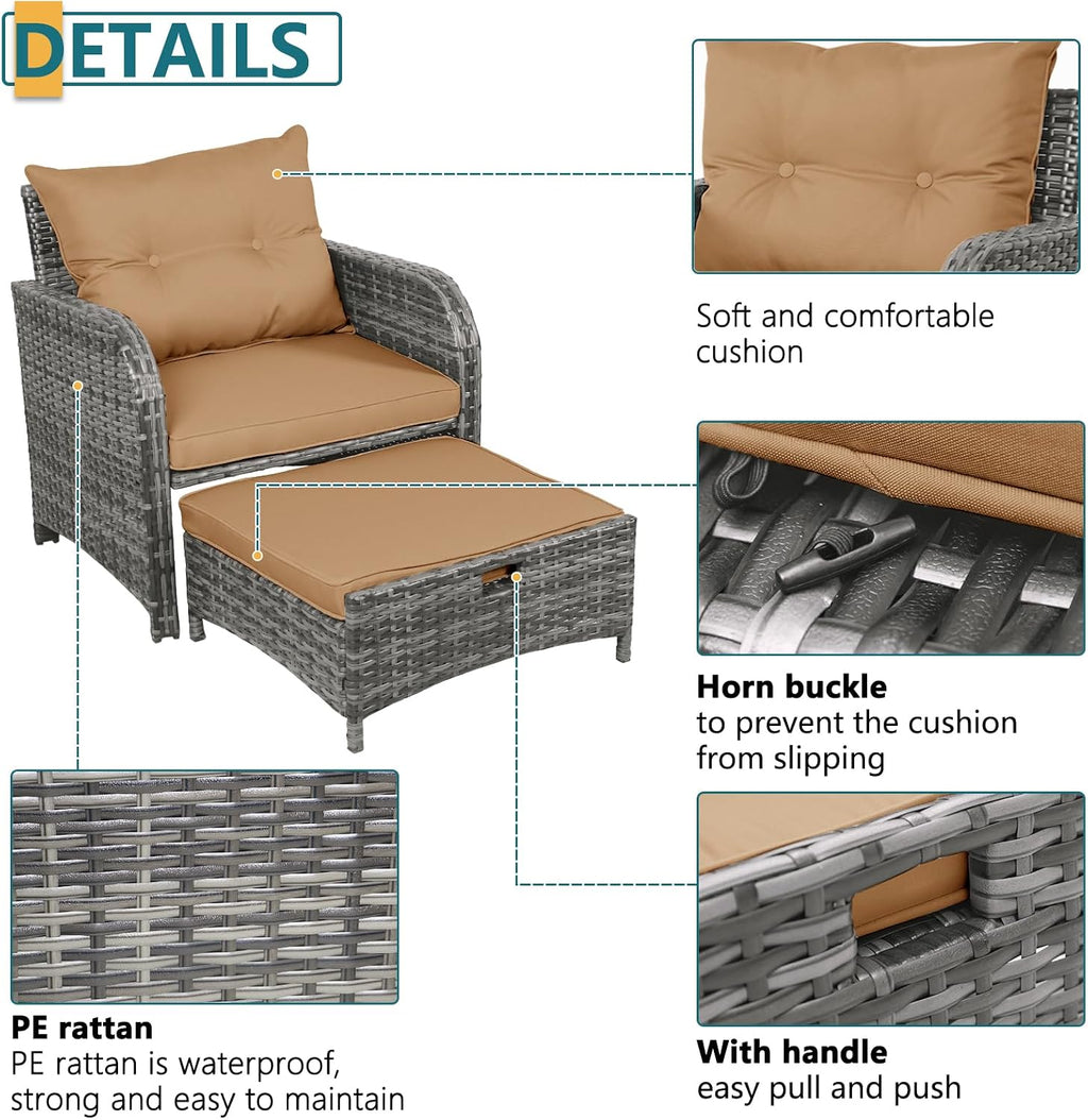 5 Pieces PE Wicker Outdoor Chairs with Ottomans, 5 PCS Rattan Patio Furniture Set with Ottoman, Patio Chairs with Ottomans for Porch Balcony Sunroom, Brown Cushion
