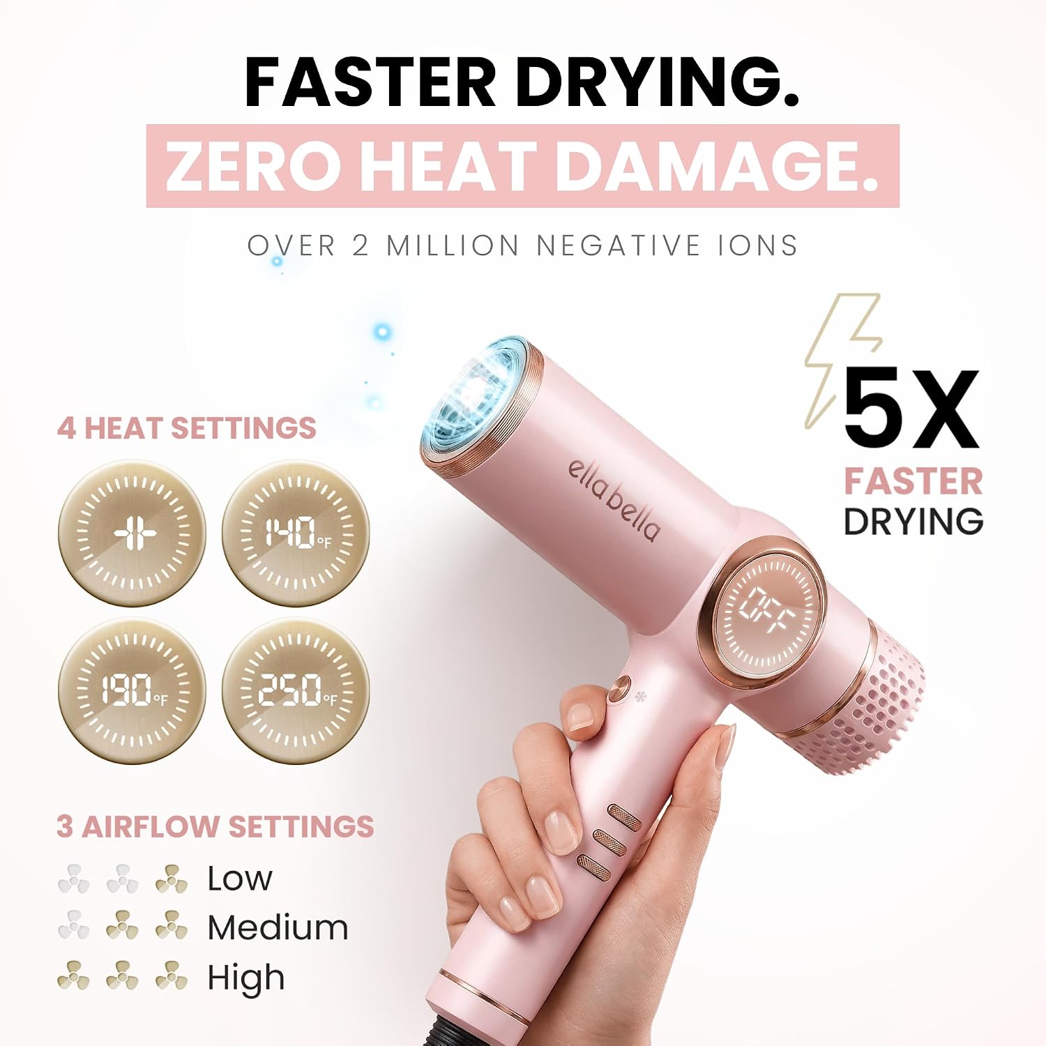 ELLA BELLA® Professional Ionic Hair Dryer with Diffuser • Negative Ion Blow Dryer • Suitable All Hair Types • Intelligent Heat Control & Rapid Drying Speeds • Lightweight Design • Low Noise Technology