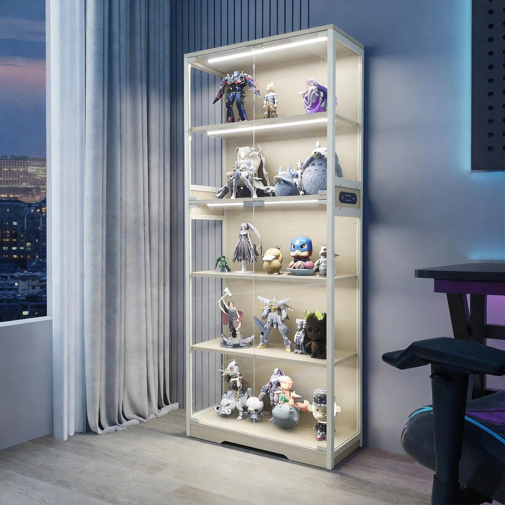 Glass Display Cabinet, 5-Tier Curio Cabinet with Glass Doors, Dimming LED Lights & Motion Sensor, for Collectible Figures, Living Room, Bedroom, or Office (Iron Frame Beige)