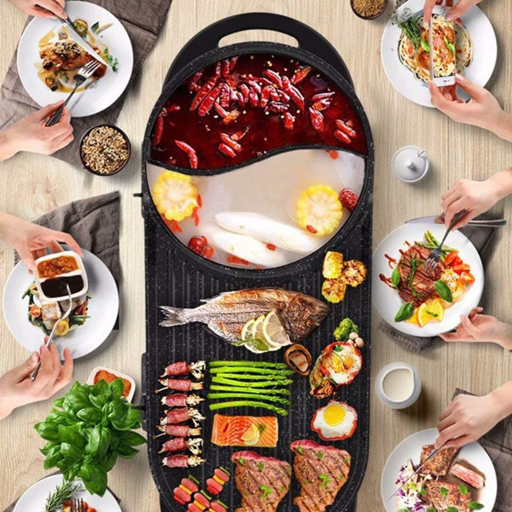 Electric Grill Indoor Hot Pot, Multifunctional Teppanyaki Grill/Hot Pot with Divider Separate Dual Temperature Contral, Capacity for 3-5 People Family Gatherings