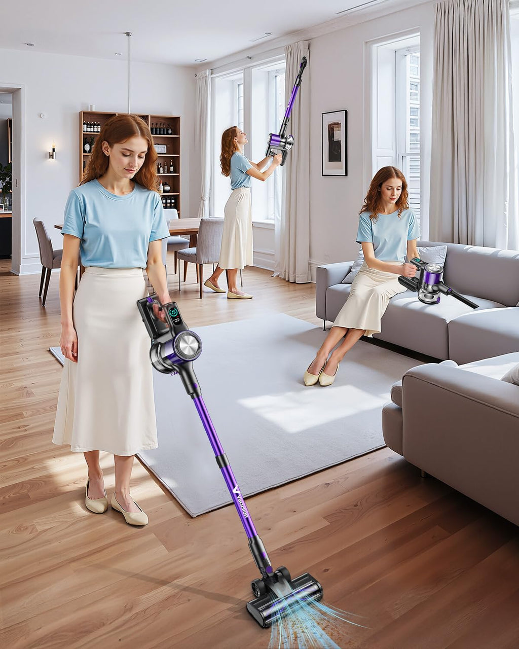 Cordless Vacuum Cleaner, 8-in-1 Cordless Stick Vacuum Cleaner with 3 Suction Modes, Up to 45mins Runtime, Rechargeable, Self-Standing, Vacuum Cleaners for Home Pet Hair Carpet Car Hard Floor, Purple