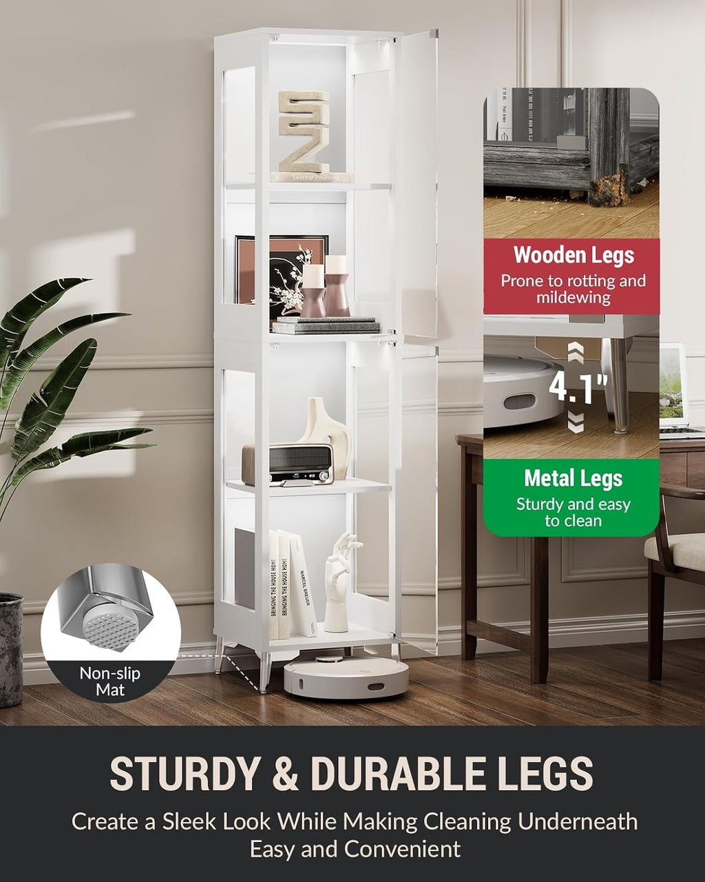 Glass Display Cabinet, 4-Tier Curio Cabinet, Adjustable Shelves, 60,000 Color Lights for Collectibles, Storage Cabinet with Door, Glass Display Case & Bookcase, App & Remote Control, White