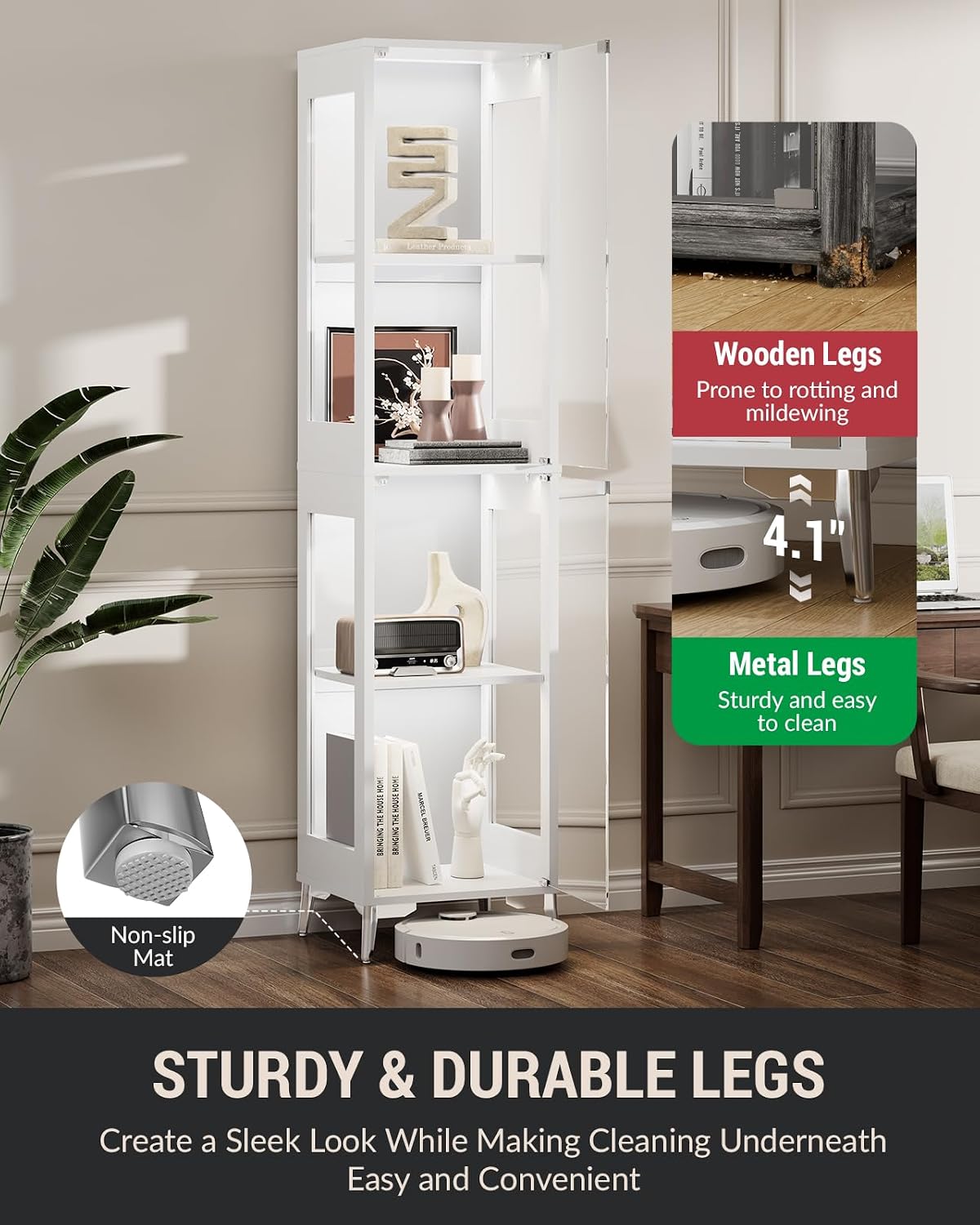 Glass Display Cabinet, 4-Tier Curio Cabinet, Adjustable Shelves, 60,000 Color Lights for Collectibles, Storage Cabinet with Door, Glass Display Case & Bookcase, App & Remote Control, White