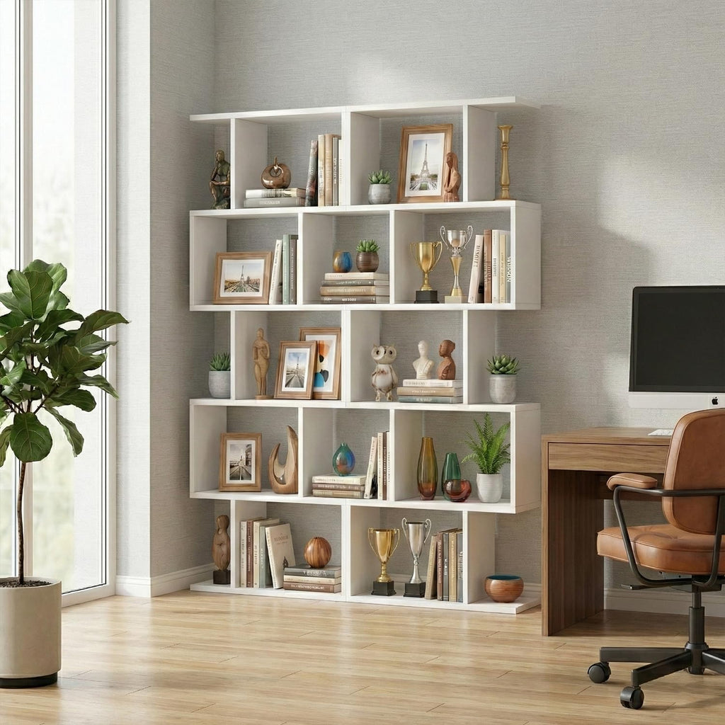 DIYART 5-Tier Geometric Bookcase (Set of 2), 62.6' Tall S-Shaped Bookshelf & Room Divider, Modern White Freestanding Display Shelving Unit for Living Room, Hallway, Home Office