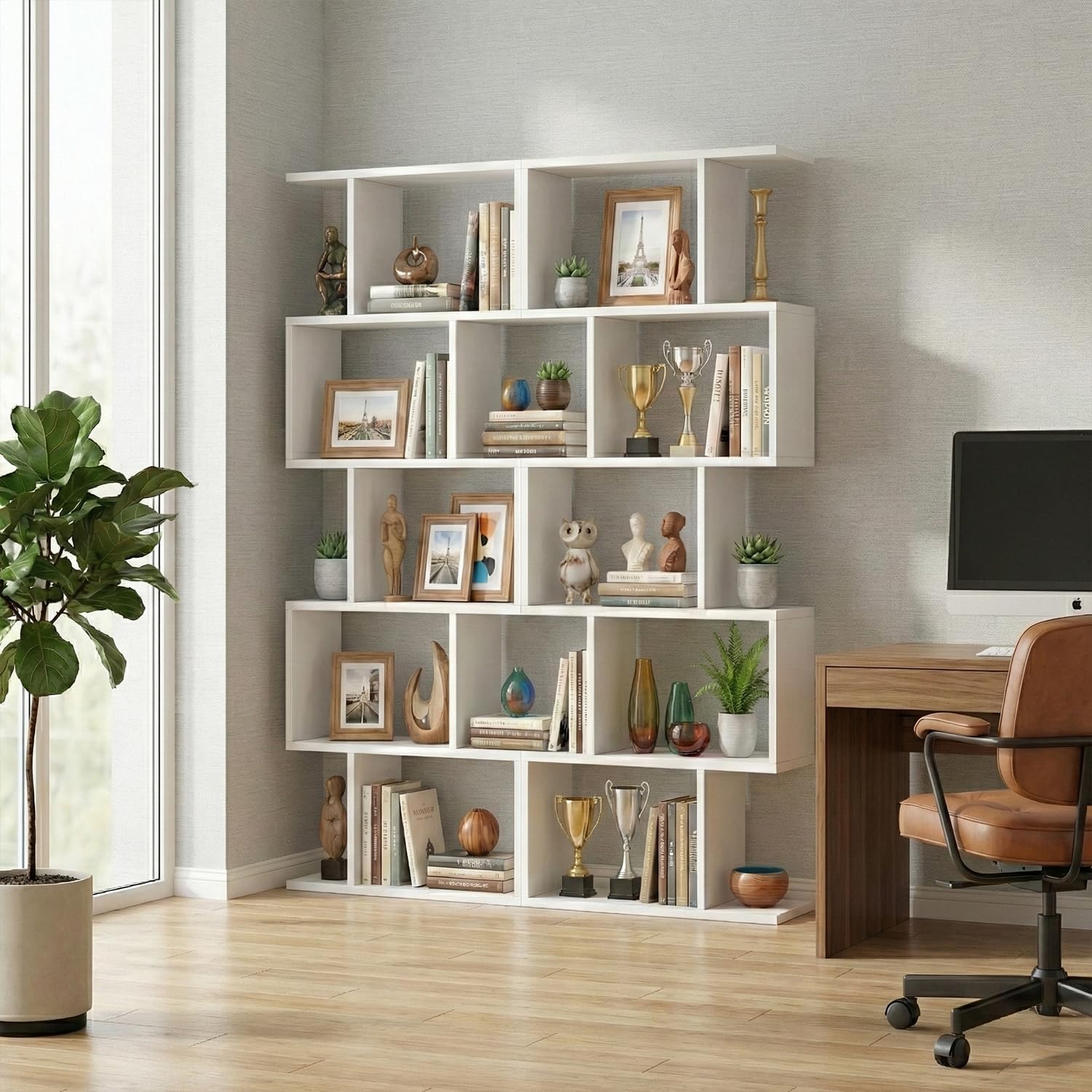 DIYART 5-Tier Geometric Bookcase (Set of 2), 62.6' Tall S-Shaped Bookshelf & Room Divider, Modern White Freestanding Display Shelving Unit for Living Room, Hallway, Home Office