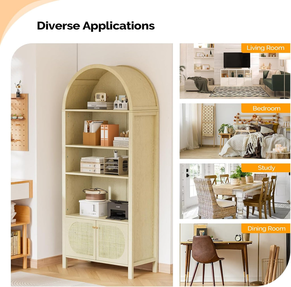 VINGLI Arched Display Cabinet (Oak Wood, 4 Shelves & 2 Doors)