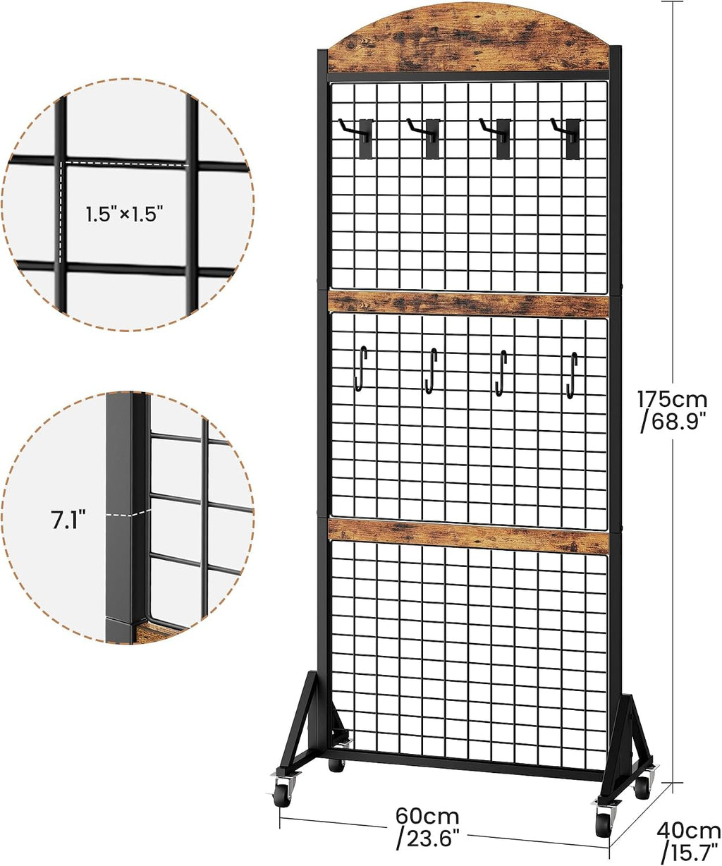 CHOEZON Grid Wall Panel 5.7' x 2' FT Grid Display Rack, 2 Pack Movable Gridwall Display Stand with 8 S-Shaped Hooks and 8 Garment Hooks, Floorstanding Wire Grid Rack, Rustic Brown and Black TCJ17P2BF
