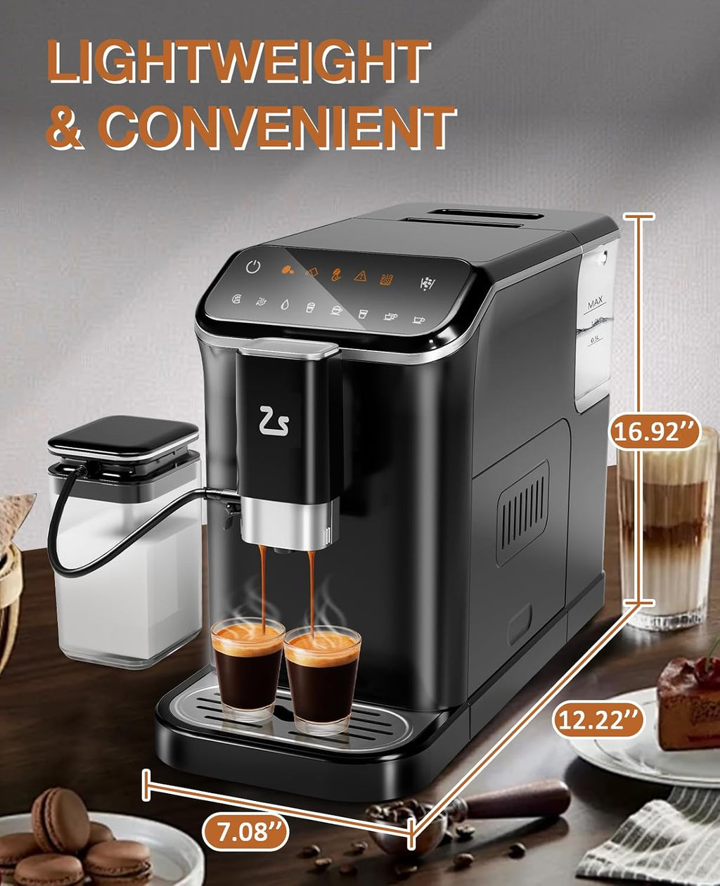 Zstar Fully Automatic Espresso Machine with Milk Frother, Professional Espresso Maker with Grinder, Auto-Cleaning, One-Touch Operation, 1.5L Water Tank for Latte, Cappuccino, Macchiato