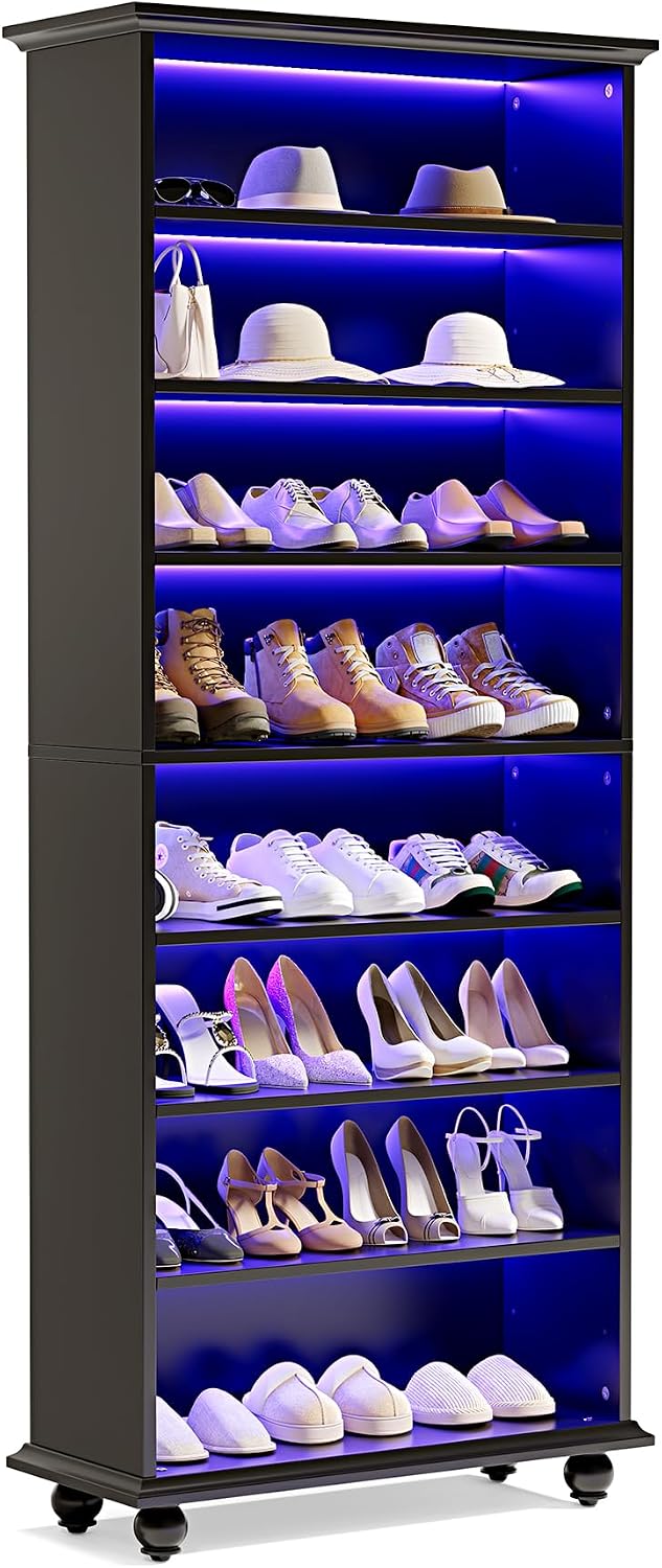 LITTLE TREE 69-Inch Tall Shoe Cabinet with LED Light Strip & Adjustable Shelves, Black Wooden 8-Tier Shoes Display Cabinet for 26 Pairs, Freestanding Modern Shoe Cabinet for Entryway